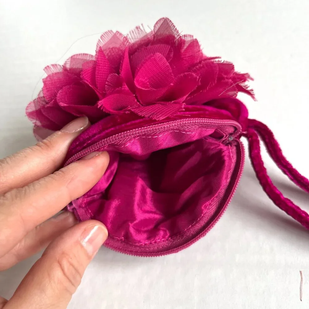Cupcake Small Bag Wrist Clutch Wallet Velvet Flower Zip‎ Closure Hot Pink